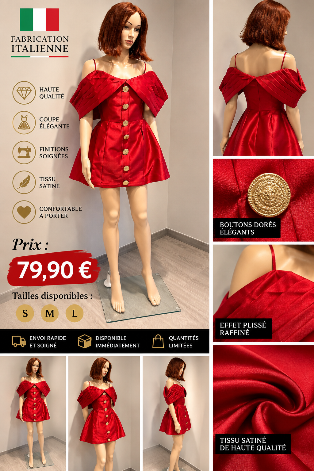❤️ ROBE ROUGE SATINÉE – FABRICATION ITALIENNE 🇮🇹