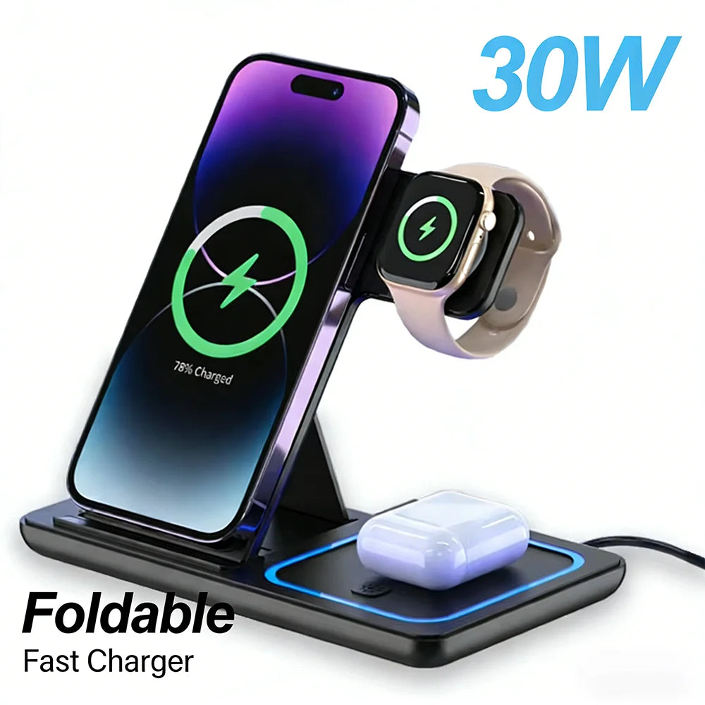 Station de charge sans fil pliable 3 en 1 30W pour iPhone 17 16 15 14 13 Pro Max iWatch Ultra AirPods Pro Support de charge rapide