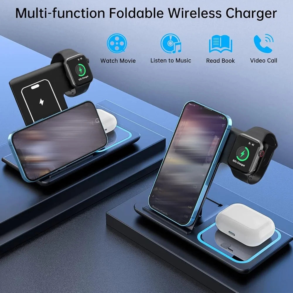 Station de charge sans fil pliable 3 en 1 30W pour iPhone 17 16 15 14 13 Pro Max iWatch Ultra AirPods Pro Support de charge rapide
